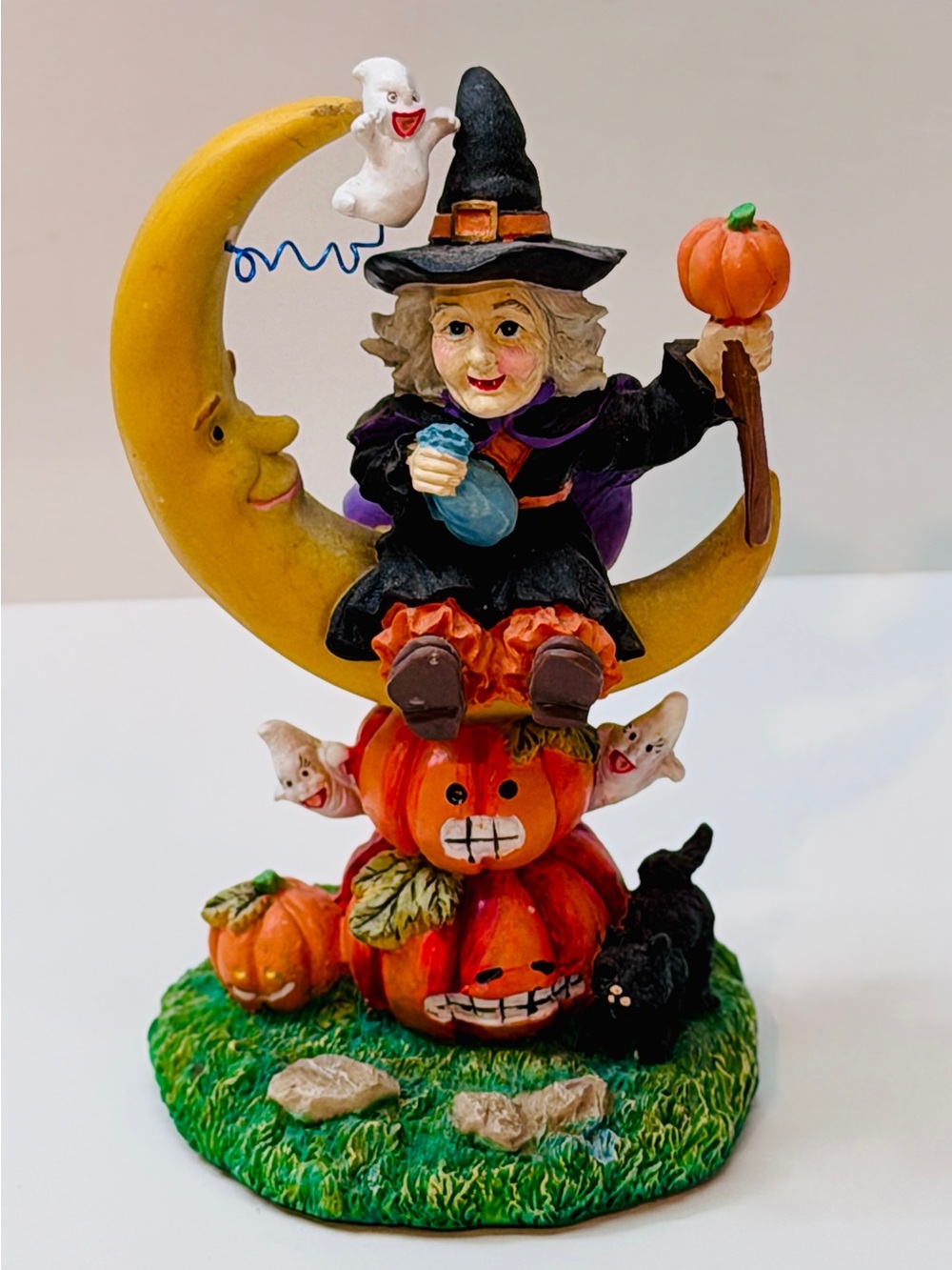 Vintage TAIMY Halloween Witch Crescent Moon Pumpkin Ghost Cat Figurine